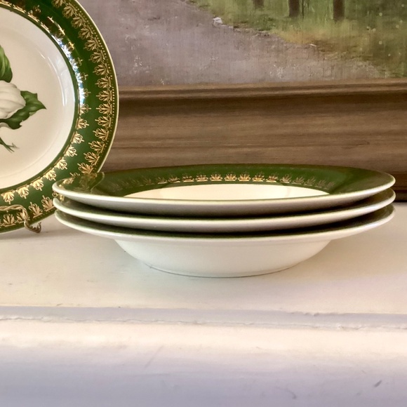 4 soup bowls American Limoges L'Triomphe Trillium Forest Green Dinnerware 22K - Picture 5 of 9